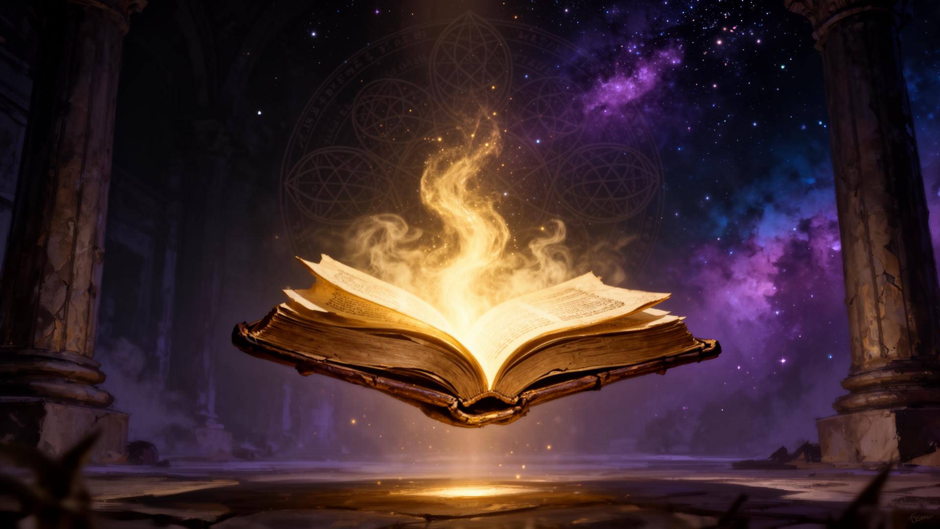 A glowing book opening in a cosmic temple of light